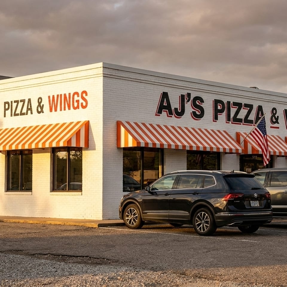 AJ's Pizza & Wings restaurant exterior with orange striped awnings, a pizza mural, and parked cars.