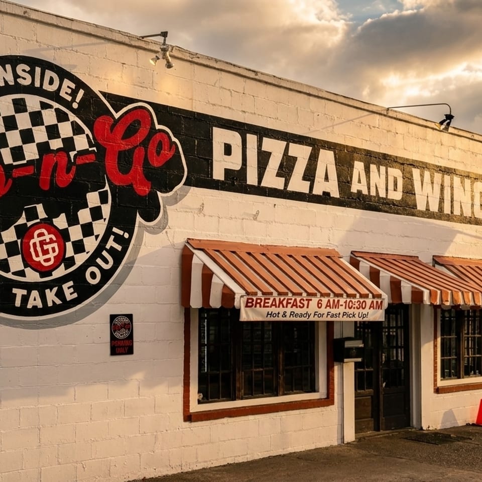 Exterior of Grab-n-Go Pizza and Wings with a large sign, striped awnings, and an American flag.