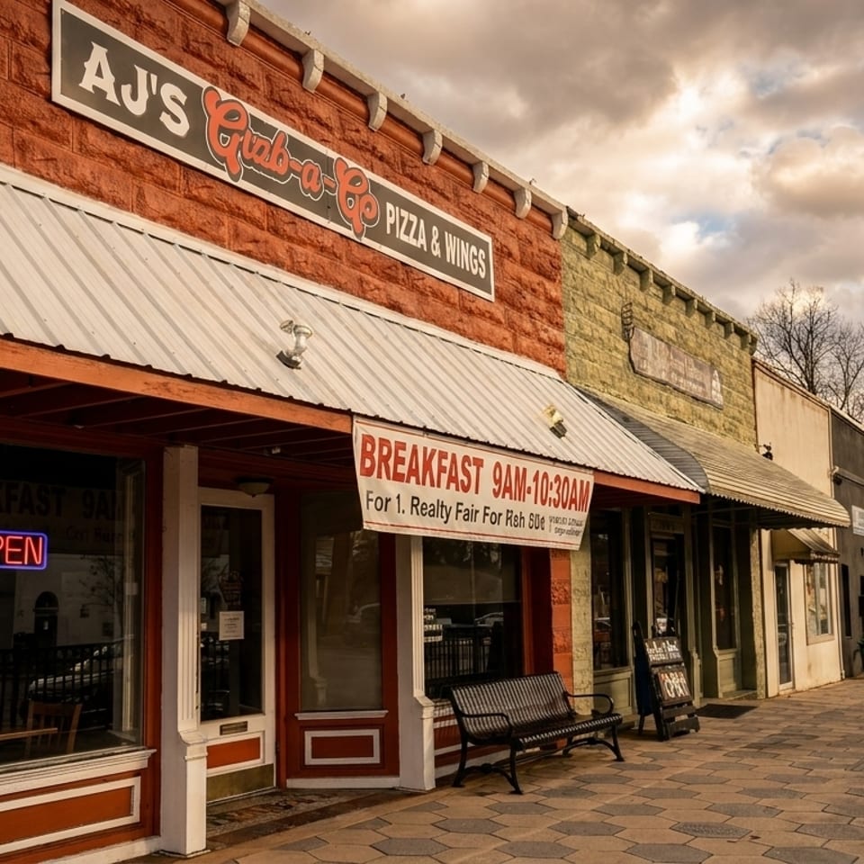 AJ's Grab-a-Go Pizza & Wings storefront with an "OPEN" sign and breakfast hours.