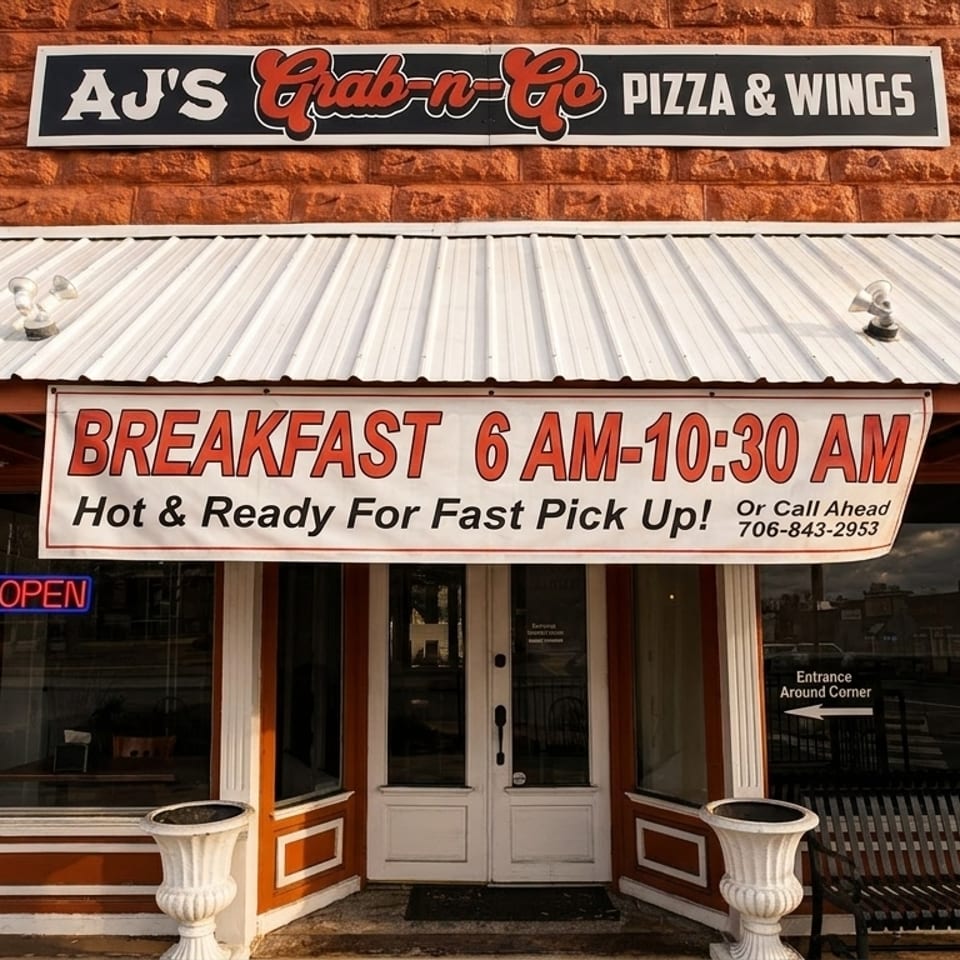 AJ's Grab-n-Go Pizza & Wings storefront with a breakfast banner and an "OPEN" sign.