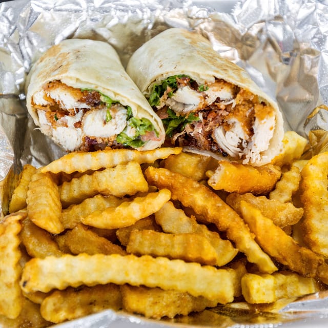 Chicken Bacon Ranch Wrap with Fries.