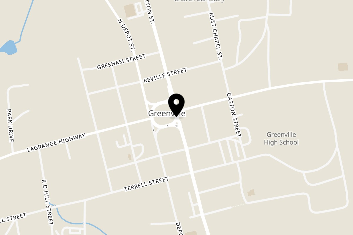 Map showing the location of AJ GRAB N GO, PIZZA & WINGS Greenville on 107 S Talbotton St in Greenville