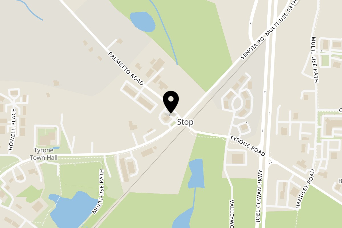 Map showing the location of AJ GRAB N GO, PIZZA & WINGS Tyrone - AJ’s Pizza & Wings on 1014 Senoia Rd in Tyrone